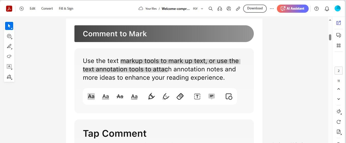 テキストにはマークアップ ツールと注釈ツールを使用します。