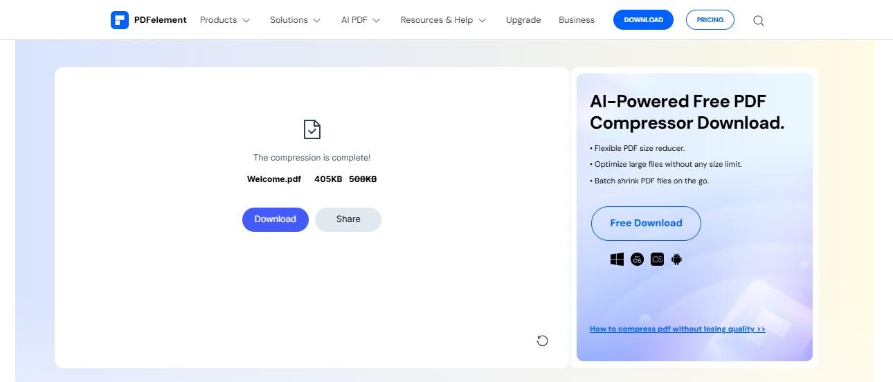 Compressão de PDF completa, opções de download e compartilhamento.