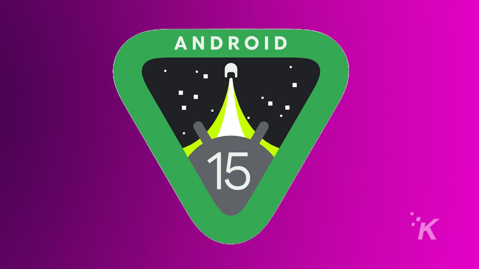 Android 15-Logo auf violettem Hintergrund