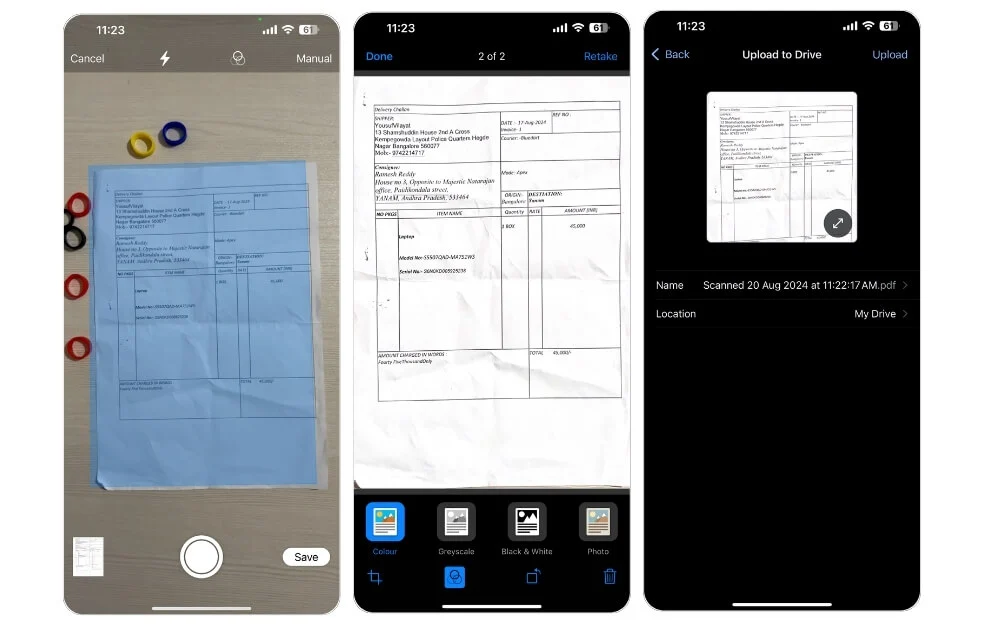 google drive document scanning feature