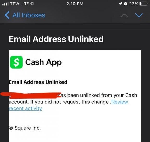 显示 Cash App 网络钓鱼尝试的电子邮件屏幕截图