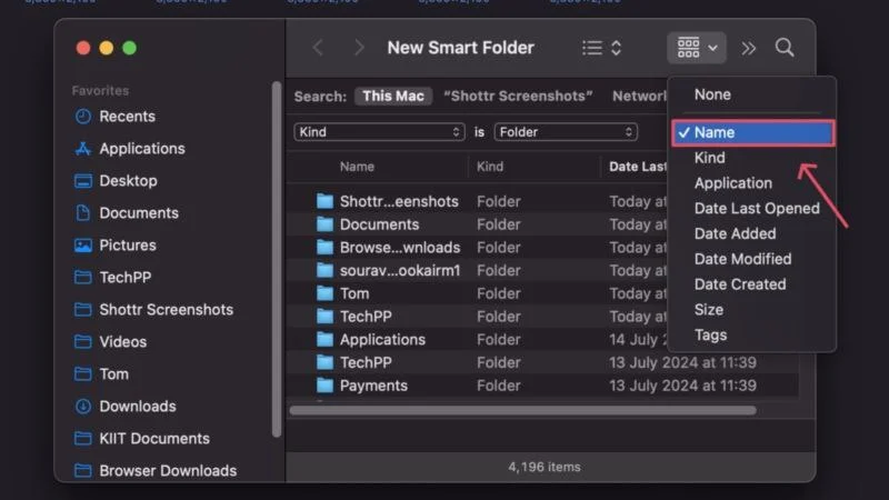 sort results by name in smart folder