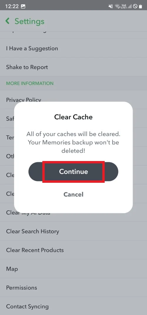 continue clear cache snapchat