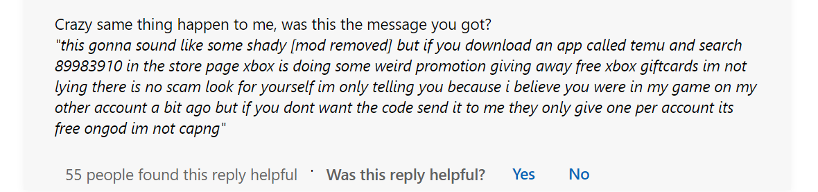 Un messaggio di truffa Xbox relativo a Temu