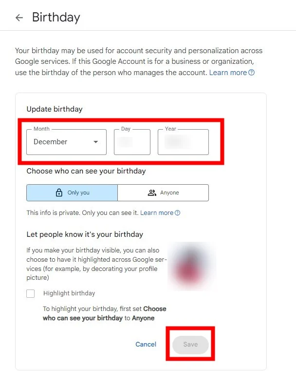 update date of birth google account