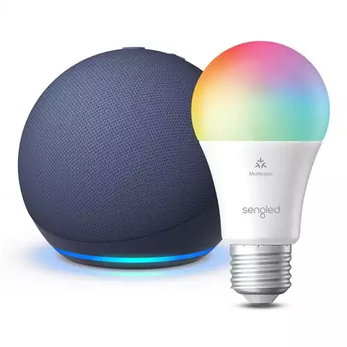 Echo Dot (5e génération) | Bleu profond avec ampoule couleur intelligente Sengled