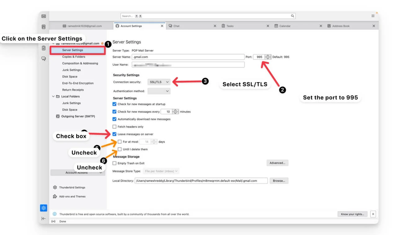 thunderbird server settings