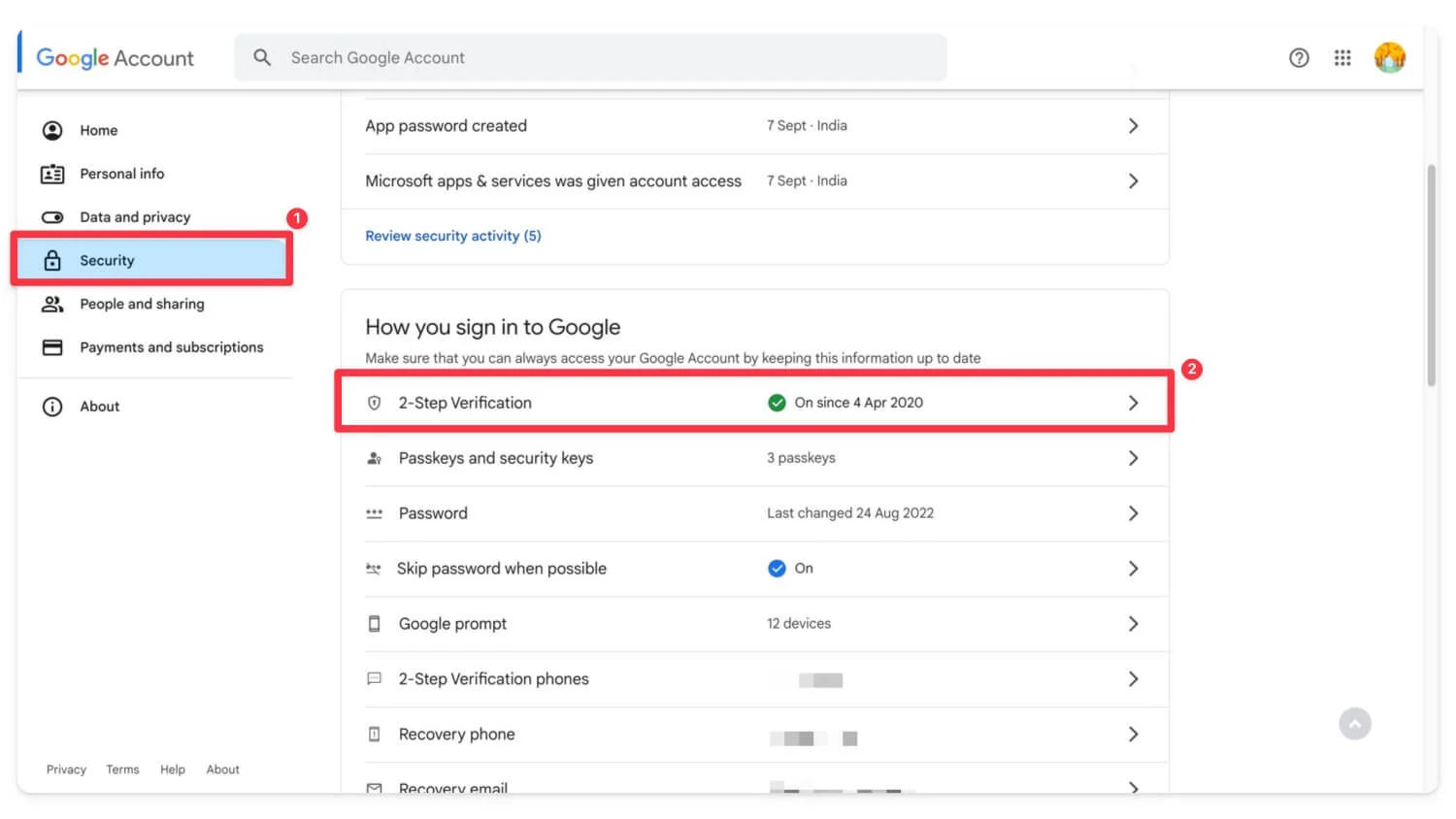 how to enable two factor authentication on google account