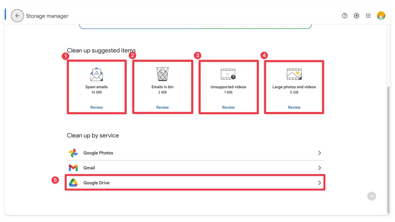 cleaup suggestion in google storage manager