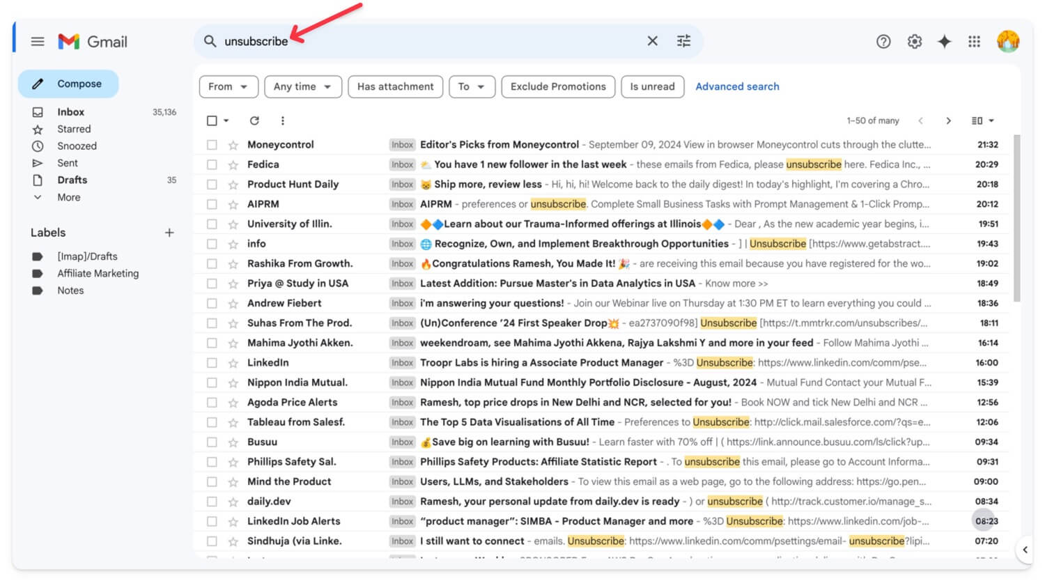 search unsunscribe in gmail