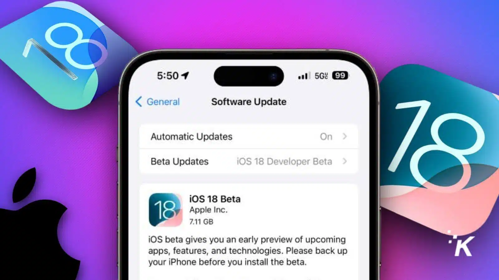 iPhone 上的 iOS 18 Beta 软件更新屏幕截图。