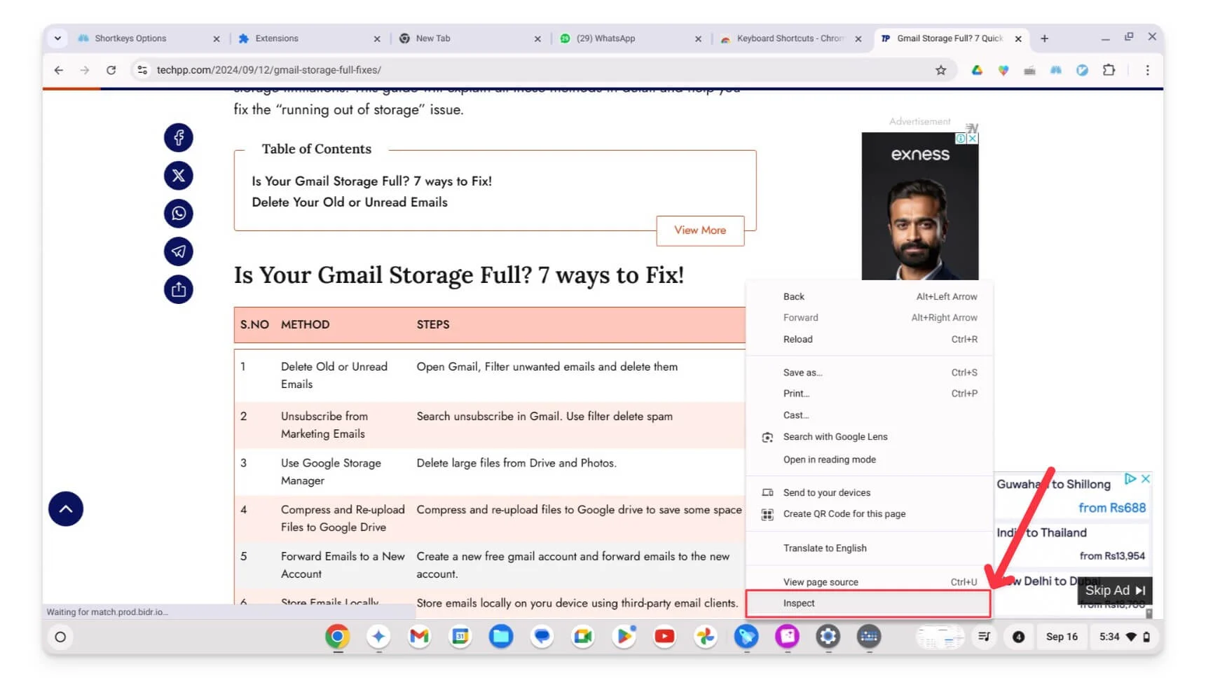 context menu inspect option on a webpage