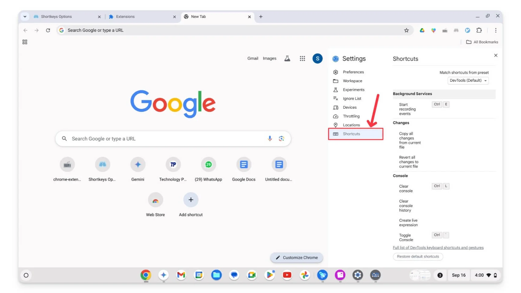 shortcuts option in google dev tools settings