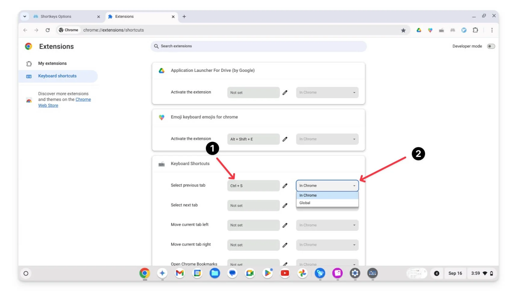 create new shortcut in keyboard shortcut extension