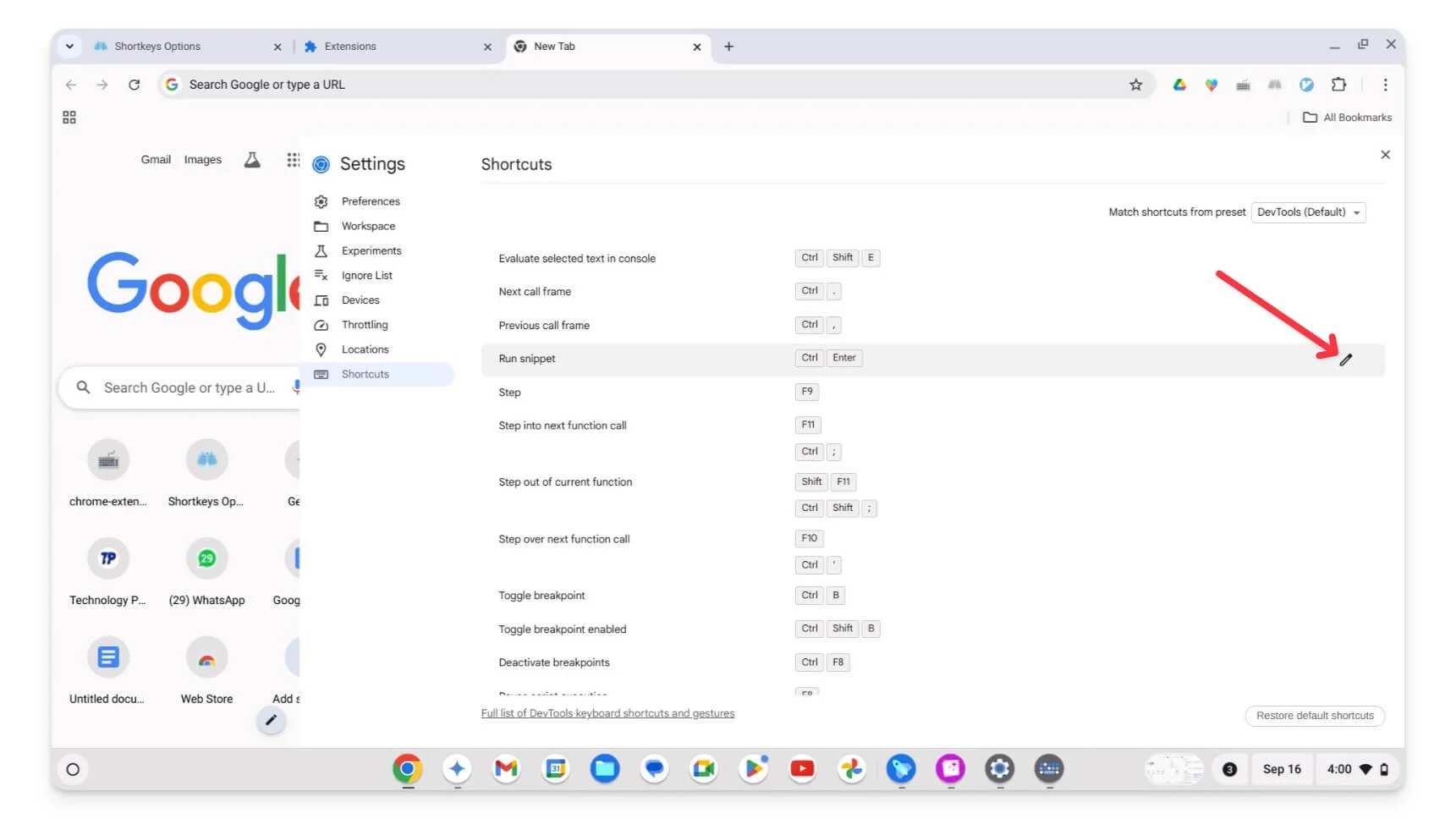 edit google chrome dev shortcuts on chromebook