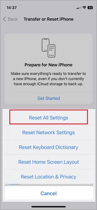 reset all settings