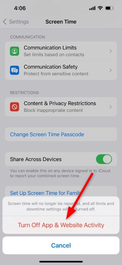 turn off app and website activity iphone