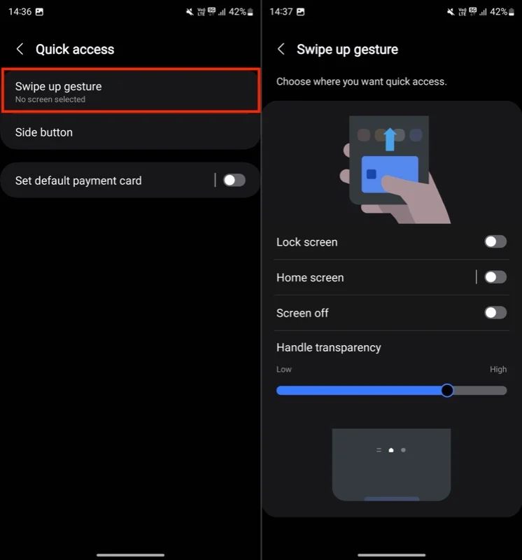 disabling swipe up gesture in samsung wallet settings on a galaxy phone.