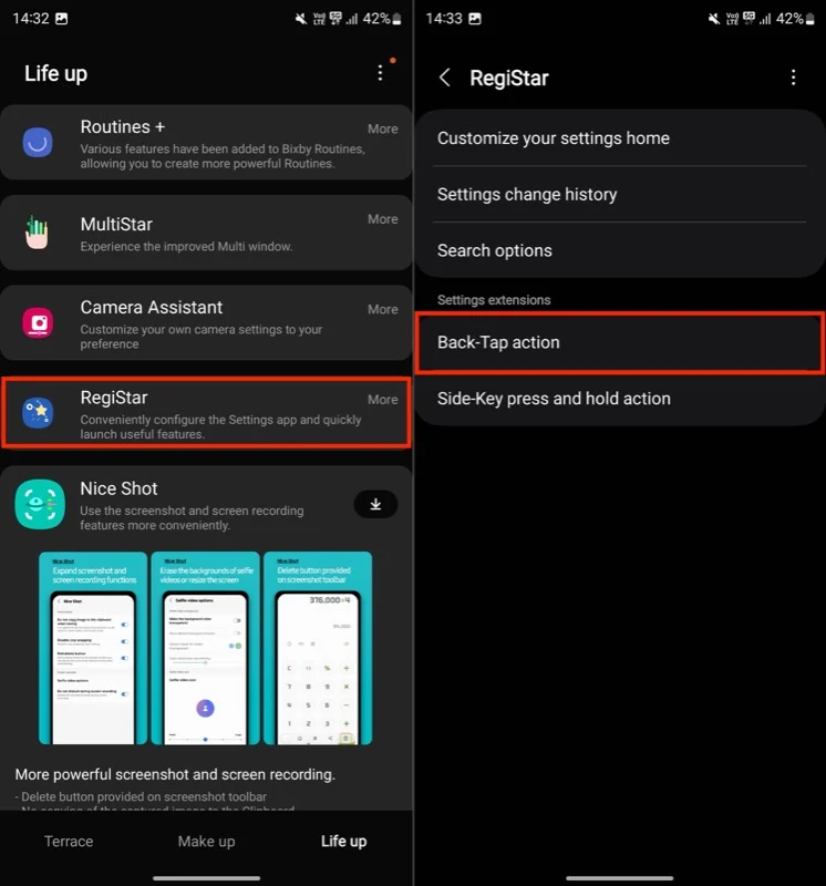 back tap action under registar module in the goodlock app.