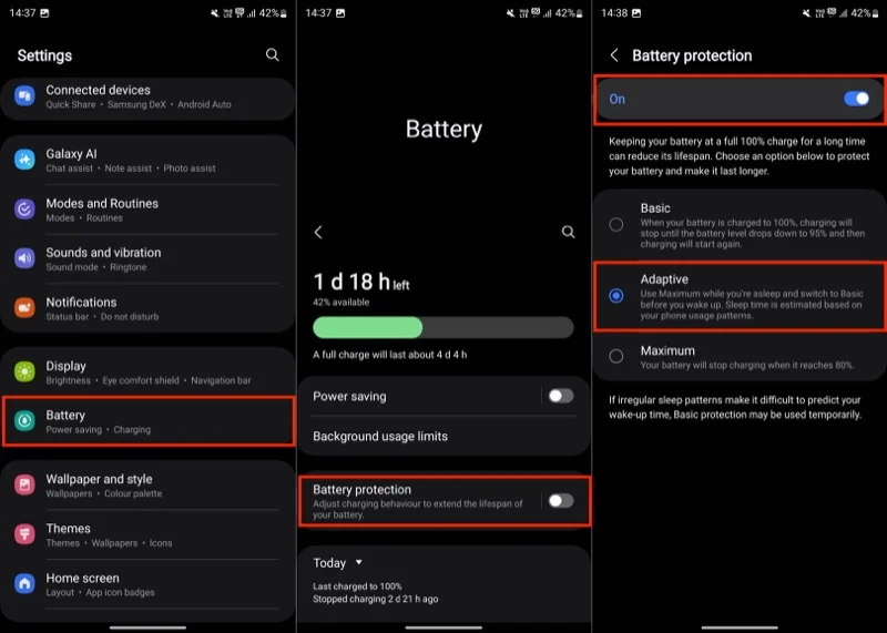 enabling battery protection on a galaxy phone.