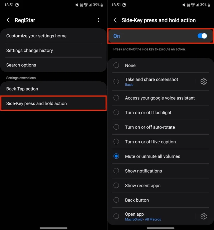 side button press and hold action options in registar goodlock module.