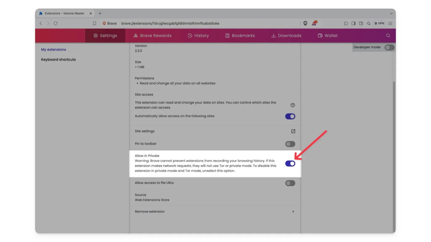 allow extension in private brave browser