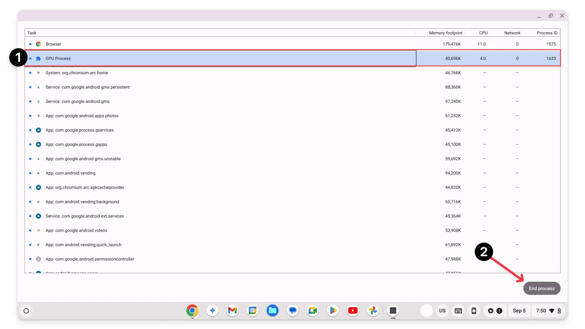 how to end process or app on chrombook using task manager