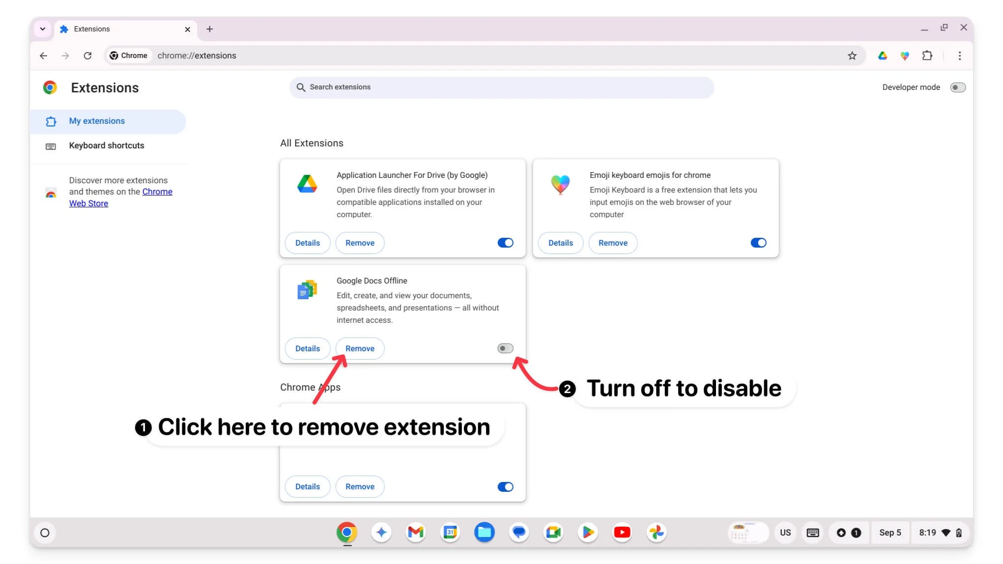 how to remove or disable extension on chrome