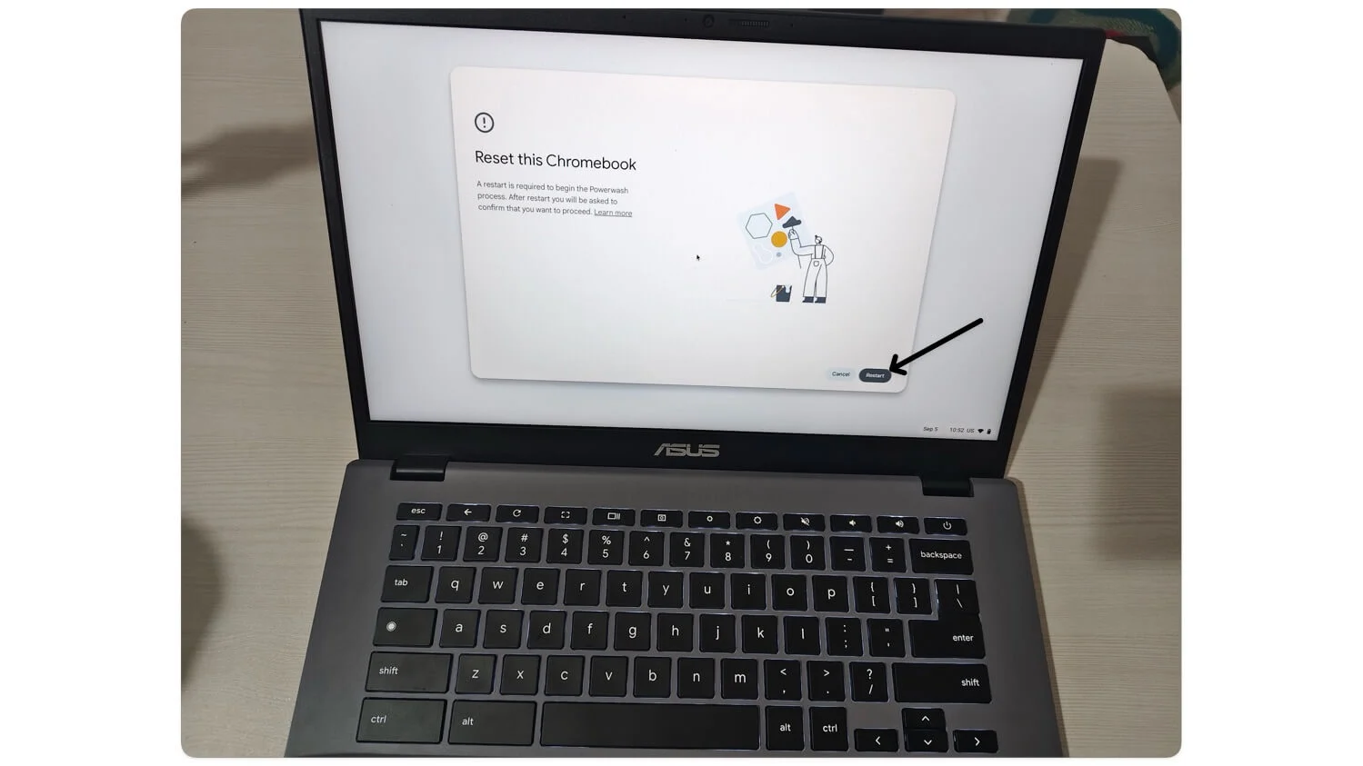 restart chromebook to reset