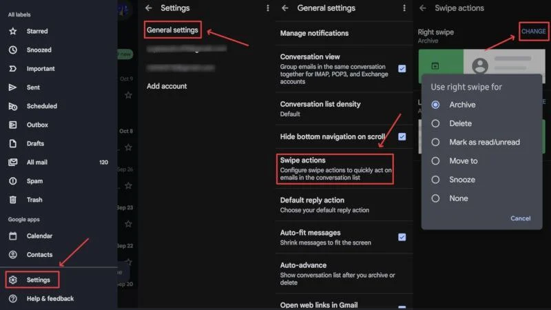 set swipe actions in gmail app