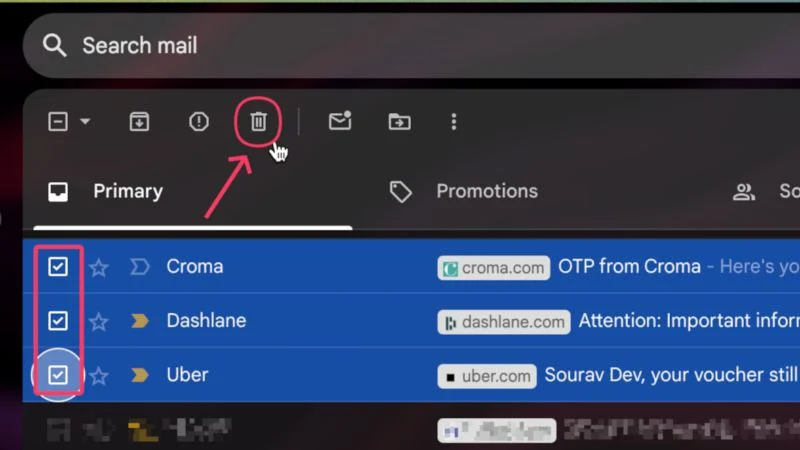 delete an email in gmail