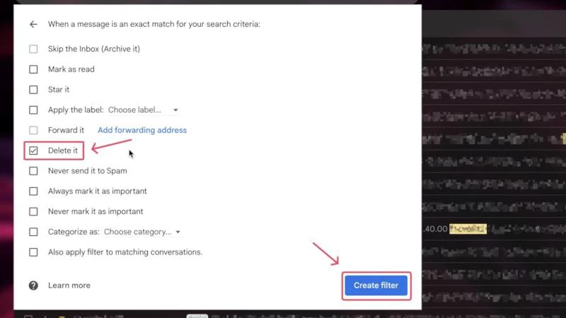delete emails automatically using filter
