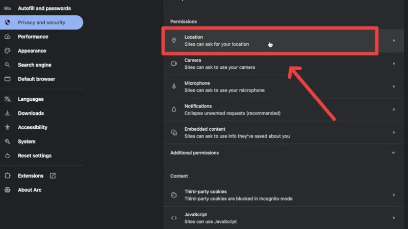 chrome location settings