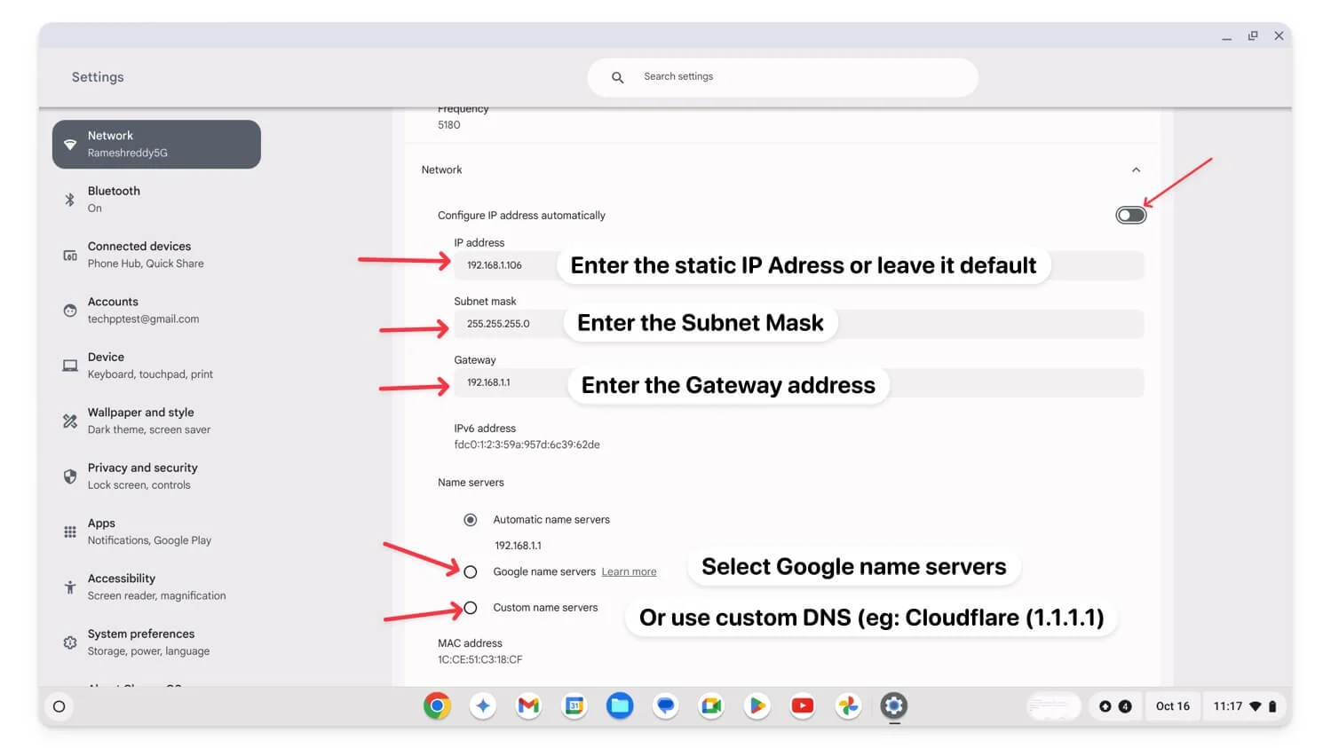 settings static ip adress on chromebook