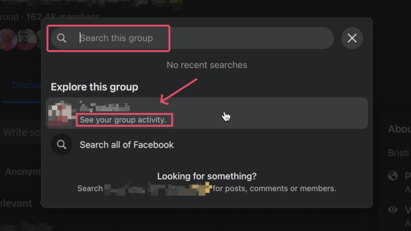 search through group activity for your anonymous post