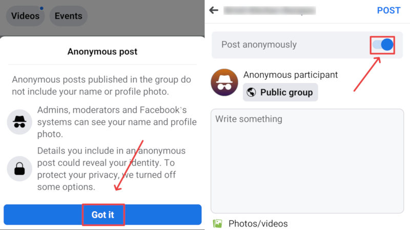 create an anonymous post on facebook website