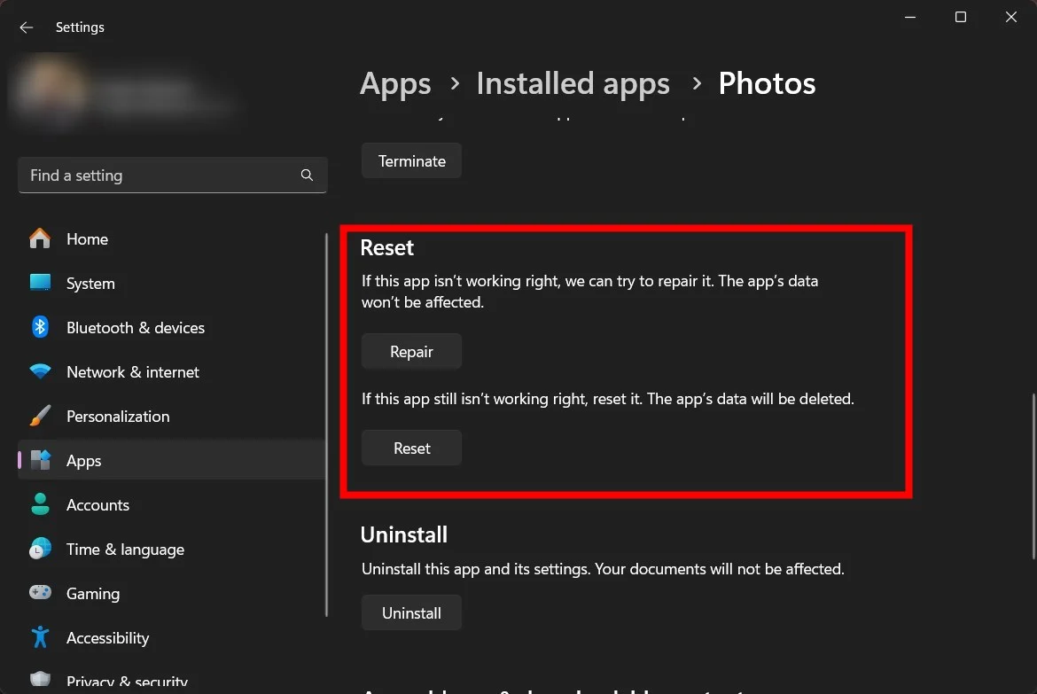 repair and reset photos app