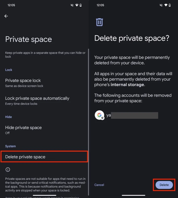 deleting private space on a pixel phone.