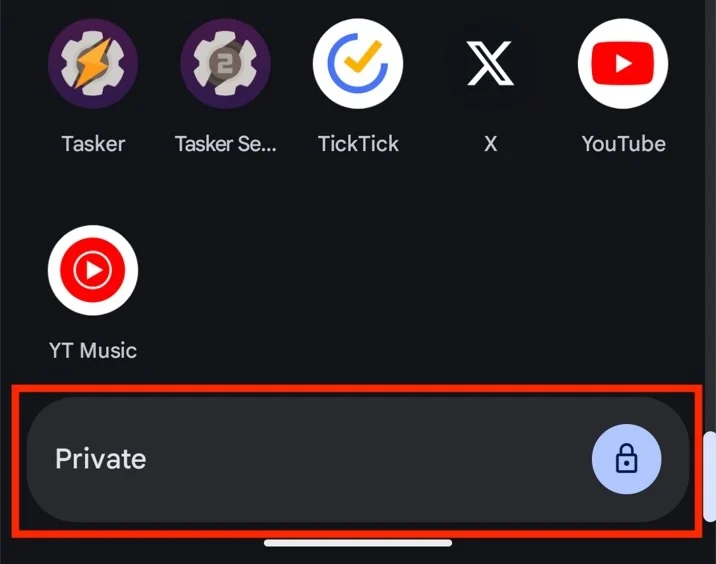 accessing private space using the private tab in app drawer on a pixel phone.