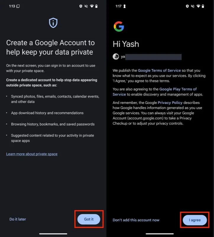 signing in to a google account to use with private space.