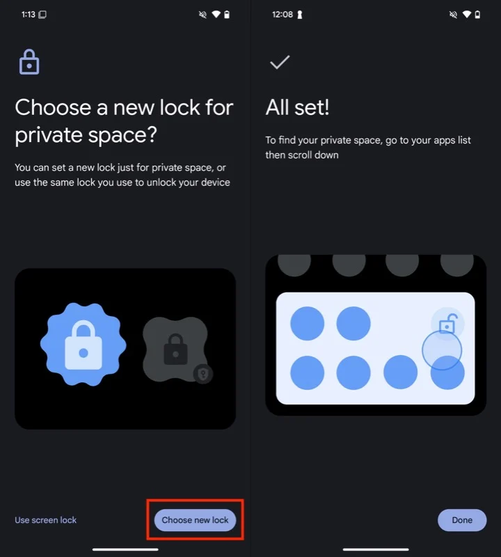 setting up a lock for private space to complete set up.