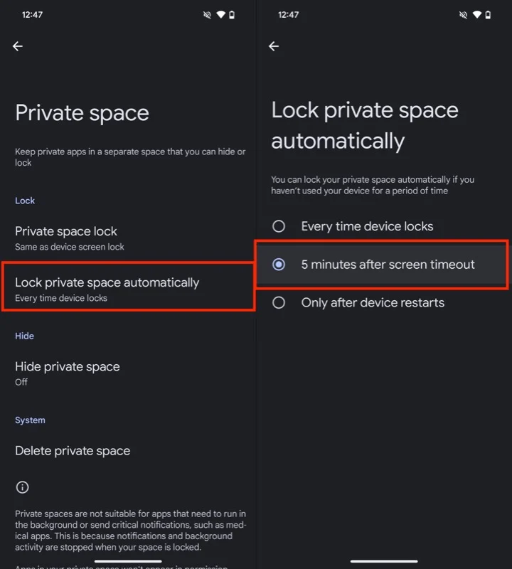 configuring auto-lock option for private space on a pixel phone.