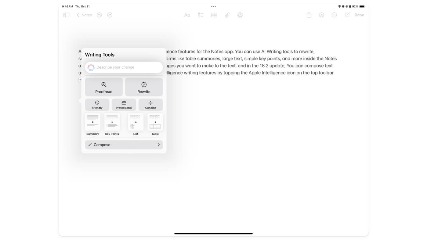 apple intelligence writing tools in notes app