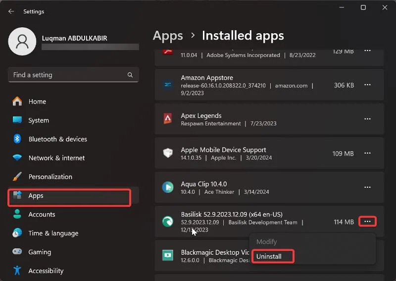 uninstall an app on windows