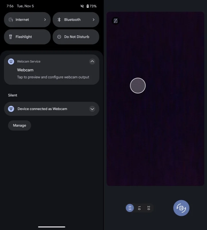 accessing webcam mode on a pixel phone via notification panel.