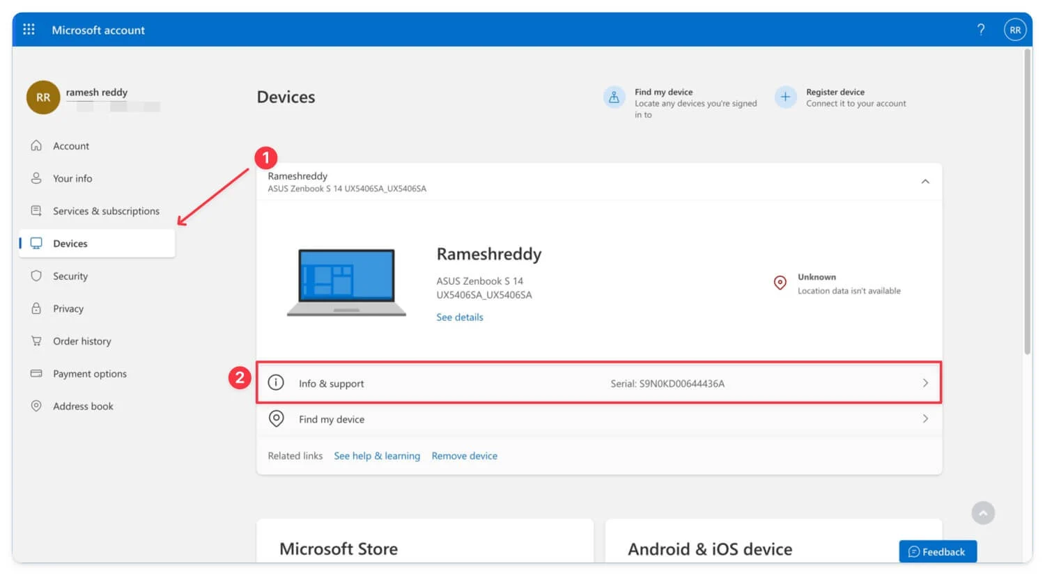 your devices in microsoft account page