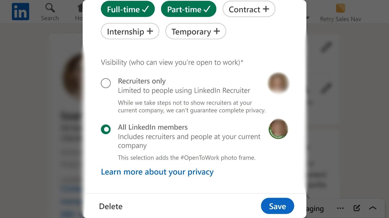 LinkedIn の「オープン・トゥ・ワーク」機能。ユーザーがオープンな仕事の種類と、ユーザーがオープンな仕事を誰が確認できるかを指定するオプションを表示します。