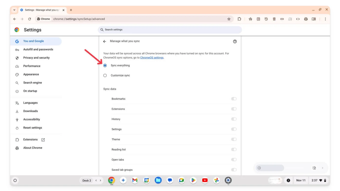 google chromeos sync everything