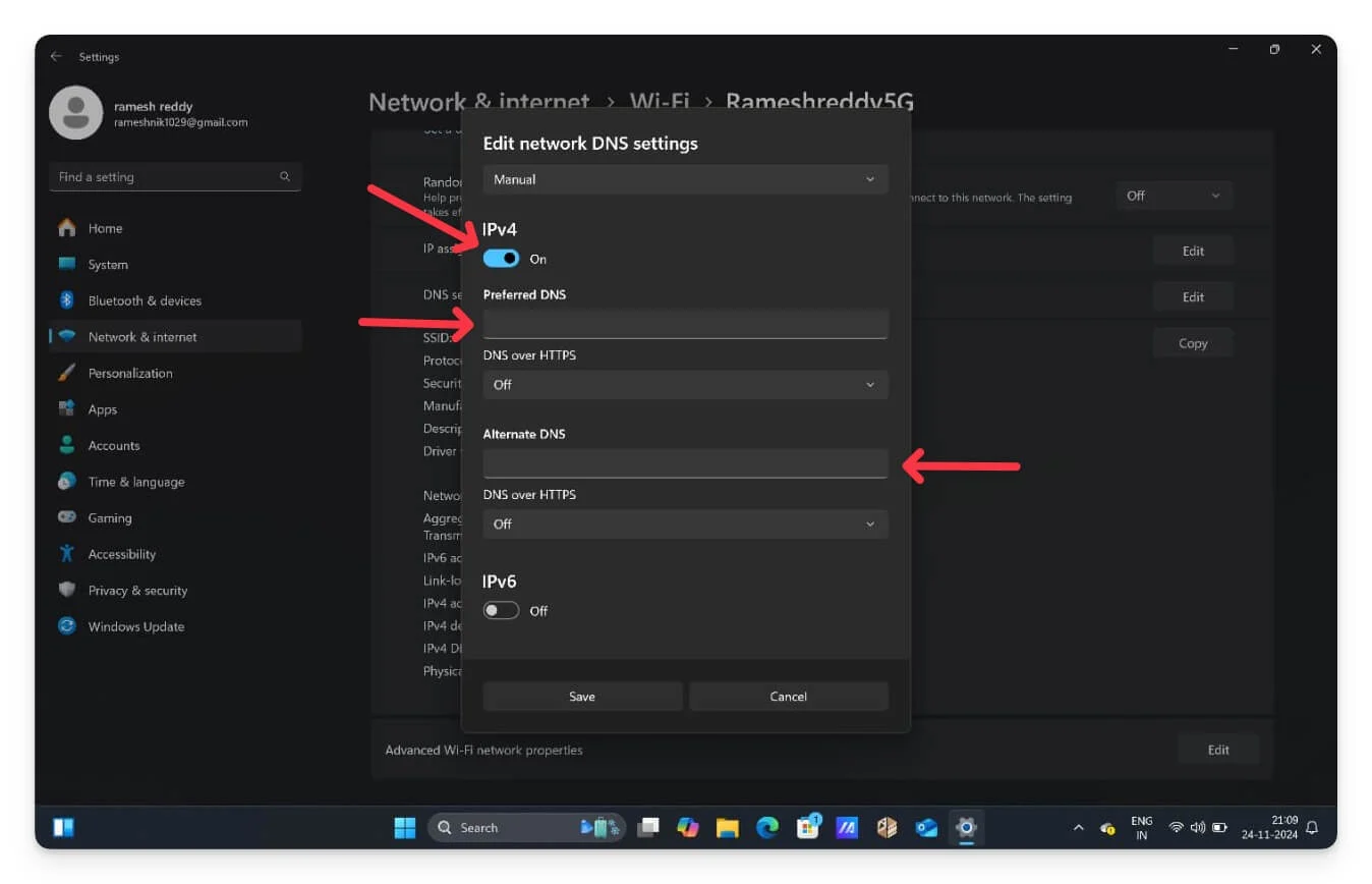 windows laptop change dns server