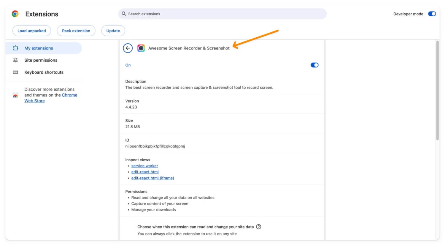 google chrome extension details